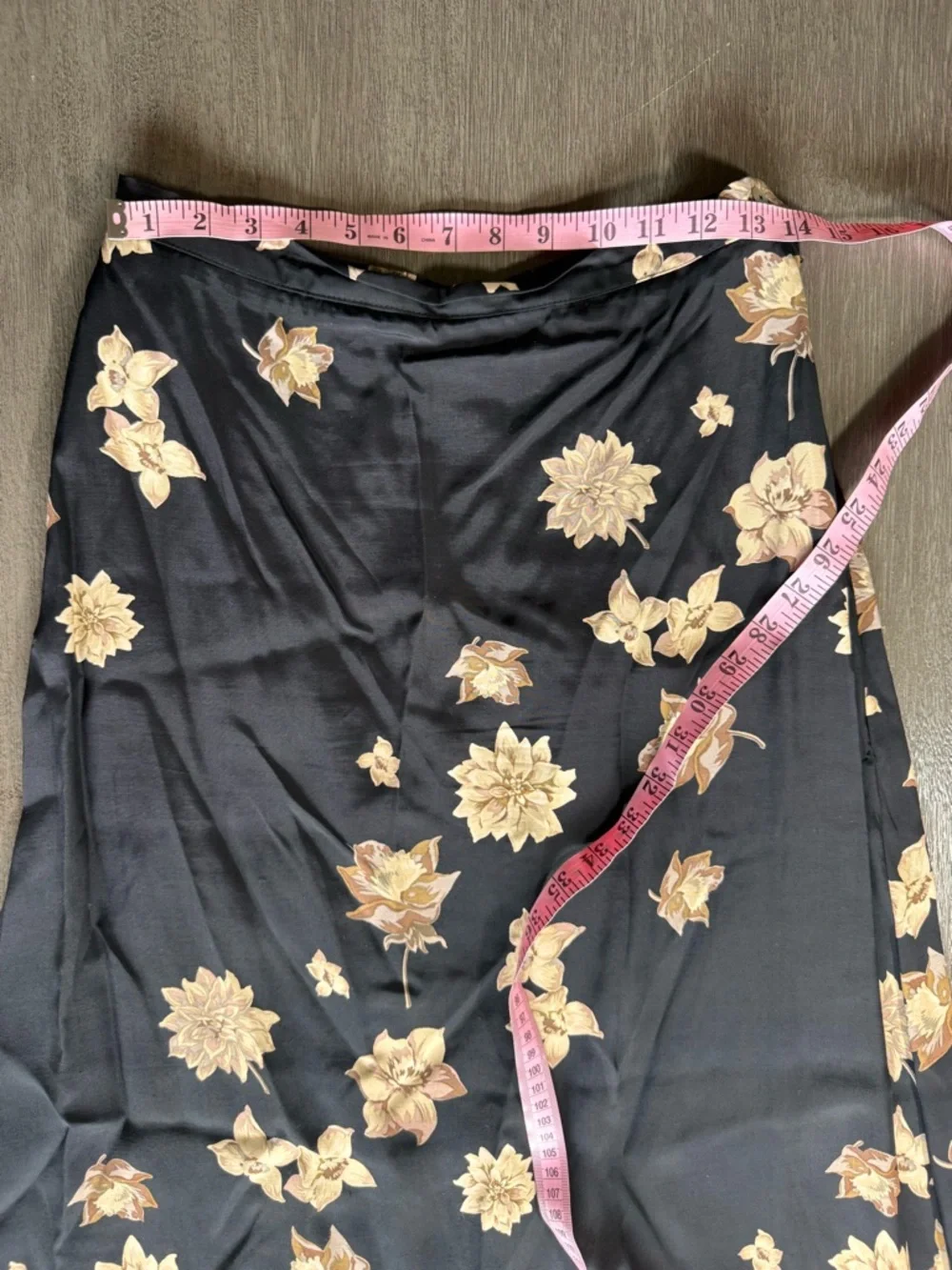Vintage Black Floral Maxi Skirt L Tan Satin